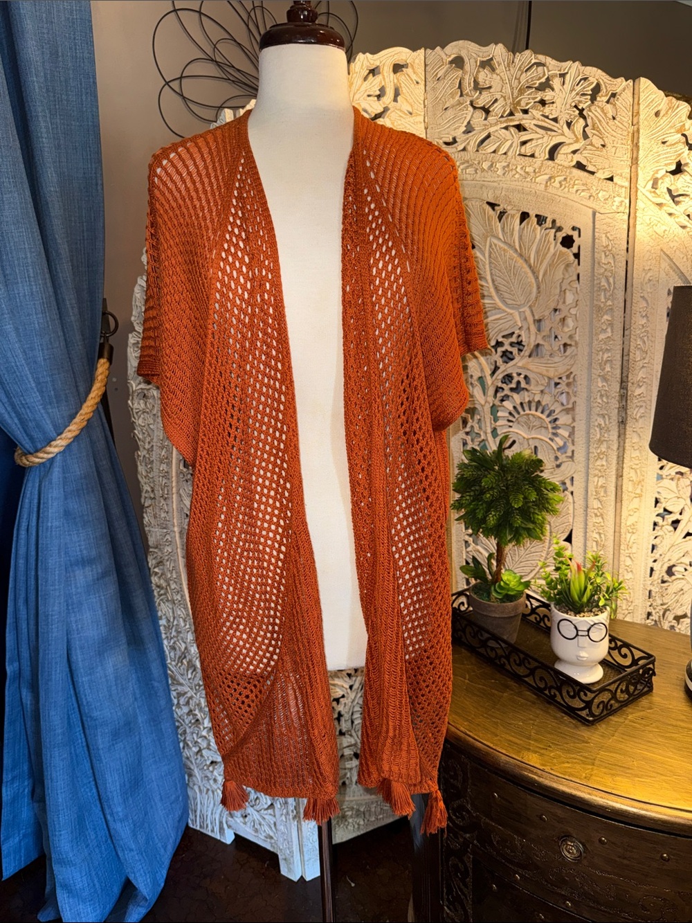 Steve Madden Open-Knit Tassel Shrug in Rust Orange